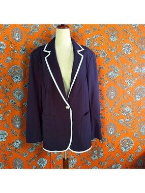 Lane Bryant Navy Blue Ponte Blazer Jacket White Trim Stretch Career Office Size